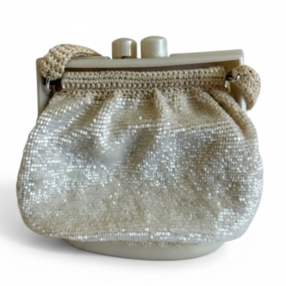 Vintage White Beaded Lucite Frame Evening Bag Bridal Purse